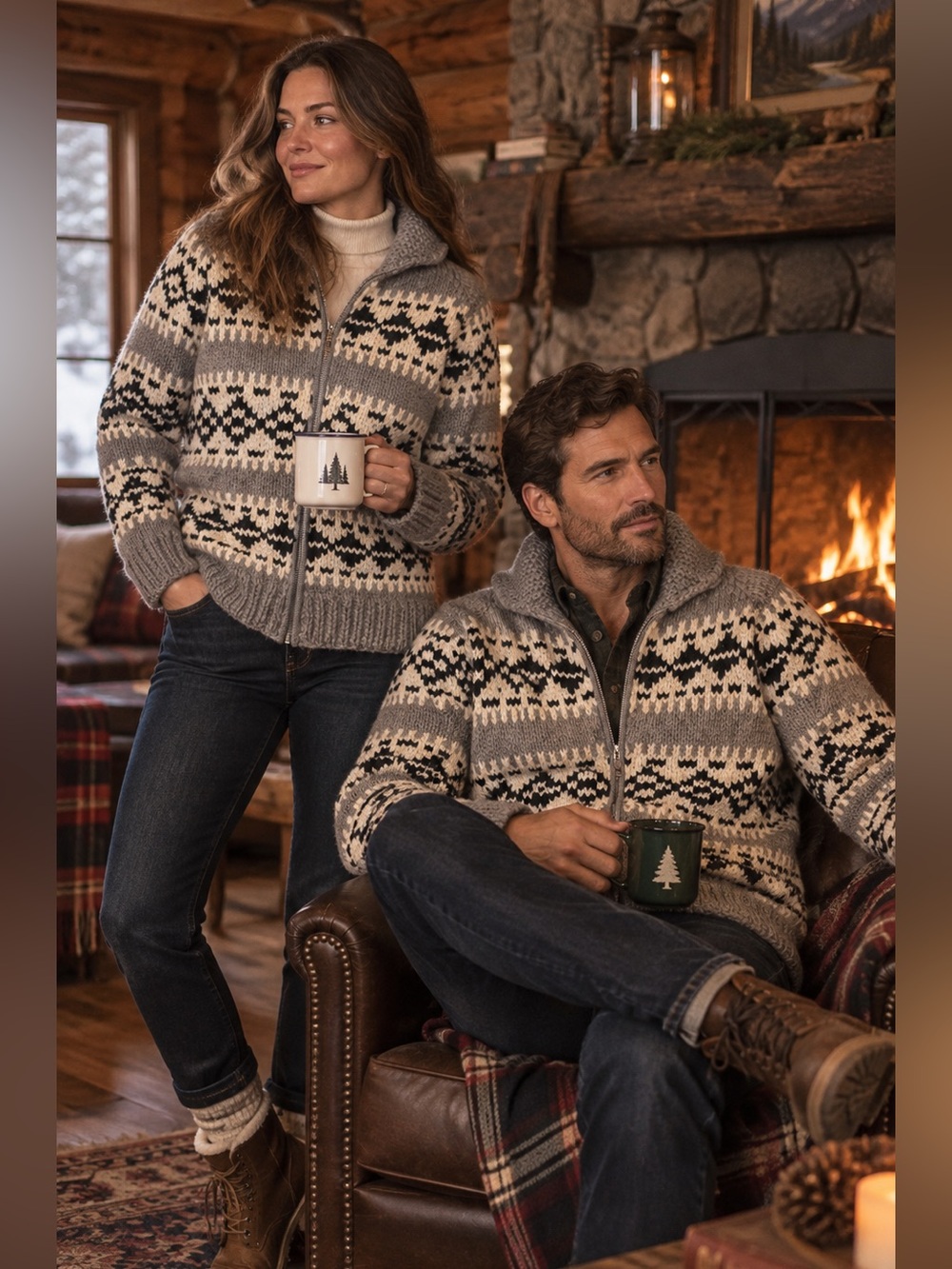Cowichan 100% Wool Sweater Zip-Front Fair Isle - Gray/Ivorye UNISEX